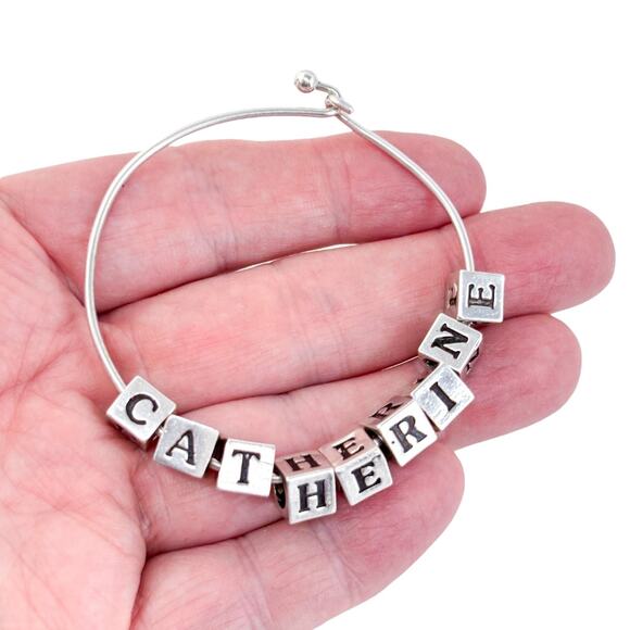 Vintage Sterling Silver 925 Catherine Name Cube Charm Bangle Bracelet 7" - Picture 1 of 10